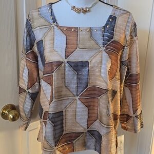 ALFRED DUNNER BRAND WOMEN'S PETITE TAN & GOLD PULLOVER TOP SIZE PM